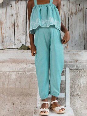 Deux Par Deux Chambray Embroidered Aqua Haze Jumpsuit Size 5 New with Tags